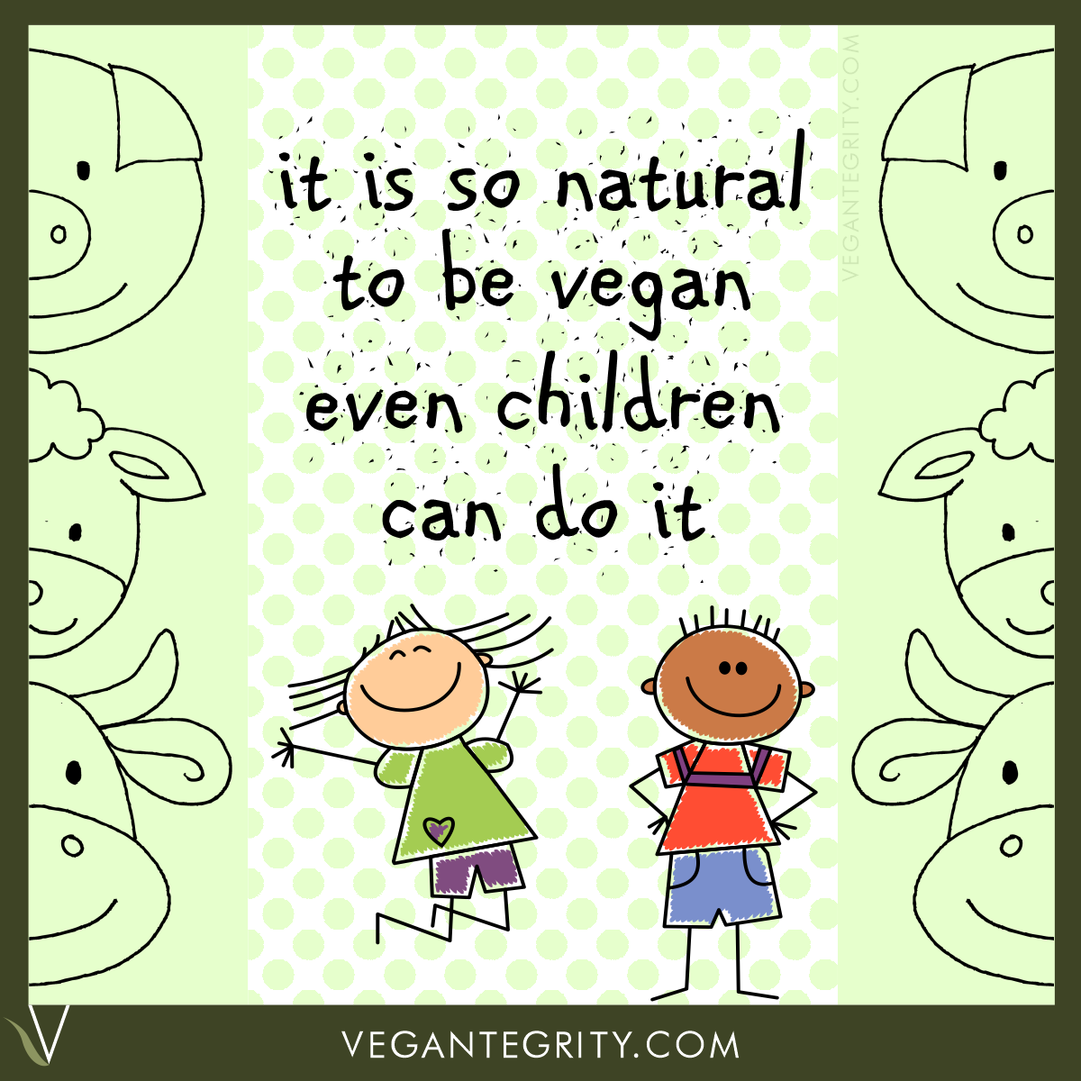 It is so natural to be vegan even children can do it. Stick figure drawings of pig, sheep, cow, happy boy and jumping girl on mint green and white polka dot background