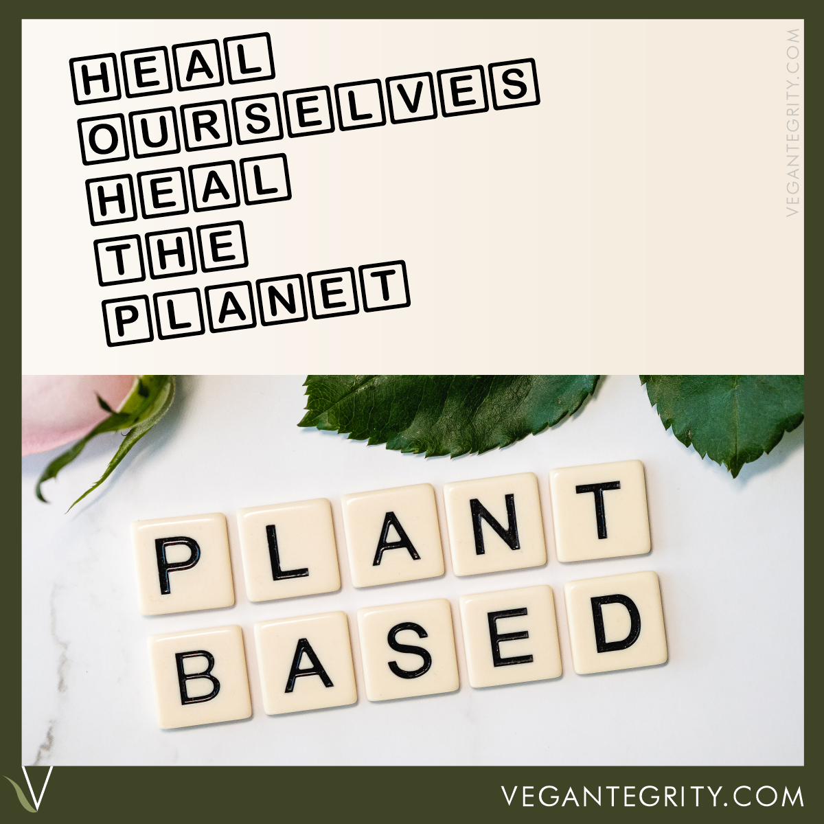 Get with the game. We can heal ourselves and heal the planet. Green leaves and beige Scrabble tiles spelling out PLANT BASED on white background