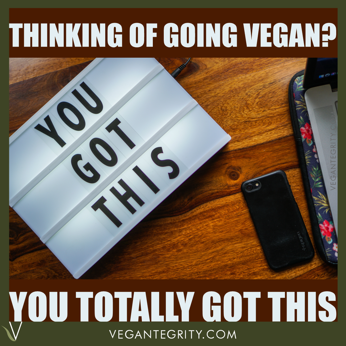 Thinking of going vegan? You got this. White sign with black letters inserted that spell out YOU GOT THIS on wooden tabletop next to smart phone and side of laptop computer